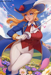  aristocratic_clothes ascot blonde_hair blue_eyes blue_sky breasts cavalier_hat earrings exlic female field flower flower_field gloves hat hat_feather hat_flower highres holding holding_sword holding_weapon jewelry mario_(series) official_alternate_costume pants petals princess_peach princess_peach:_showtime! rapier red_flower red_rose rose sky smile solo sphere_earrings sword swordfighter_peach tight_clothes tight_pants weapon white_ascot white_gloves white_pants 