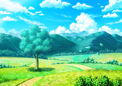  blue_sky bush cloud day dirt_road fantasy grass kanappe915 leaf meadow mountain nature no_humans original outdoors road rural scenery sky tree 