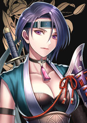  alternate_costume armlet armor asymmetrical_hair bodice breasts bustier choker cleavage closed_mouth collarbone commentary female fire_emblem fire_emblem:_three_houses fire_emblem_heroes floral_background forehead_protector haru_(toyst) japanese_clothes large_breasts lips looking_at_viewer mixed-language_commentary ninja obi official_alternate_costume pink_lips purple_eyes purple_hair sash shamir_nevrand shamir_nevrand_(ninja) sheath sheathed short_hair short_sword shoulder_armor sleeveless solo sword sword_behind_back twitter_username upper_body weapon 