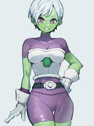  belt bodysuit breasts cheelai colored_skin commentary_request dragon_ball dragon_ball_super dragon_ball_super_broly female gloves green_skin grey_background kemachiku looking_at_viewer medium_breasts pink_eyes purple_bodysuit short_hair simple_background smile solo white_gloves white_hair 