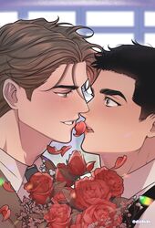  2boys black_hair blush brown_eyes brown_hair collared_shirt didrkrk dowon_sa eye_contact flower full_volume highres korean_commentary looking_at_another male_focus multiple_boys open_mouth petals red_flower red_rose rose seol_beom shirt short_hair smile teeth twitter_username upper_body white_shirt yaoi 