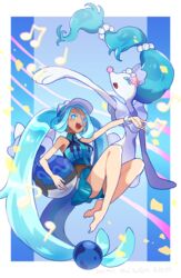  :d aqua_eyes aqua_hair arutarika_(ri_kaoekaki) ball bare_arms barefoot beachball bright_pupils colored_eyelashes commentary crossover female grey_headwear hatsune_miku highres holding legs long_hair open_mouth outstretched_arm pokemon pokemon_(creature) primarina project_voltage shorts smile swimsuit teeth toes tongue twintails upper_teeth_only visor_cap vocaloid water_miku_(project_voltage) white_pupils 