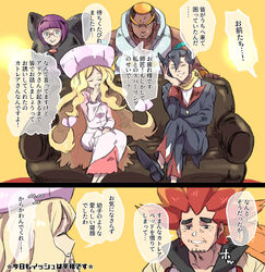  2girls 3boys :d alder_(pokemon) arm_strap black_hair blonde_hair blunt_bangs buttons caitlin_(pokemon) commentary_request couch crossed_legs dress facial_hair glasses gloves grimsley_(pokemon) hair_between_eyes hair_tie hat head_rest highres jacket jewelry long_hair long_sleeves looking_at_viewer marshal_(pokemon) multicolored_hair multiple_boys multiple_girls necklace open_mouth orange_hair pants pink_headwear poke_ball pokemon pokemon_bw poncho ponytail popped_collar purple_hair red_hair sanwari_(aruji_yume) scarf shauntal_(pokemon) shoes short_hair sitting sleeveless smile speech_bubble spiked_hair teeth tied_hair translation_request two-tone_hair upper_teeth_only yawning yellow_scarf 