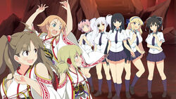  6+girls :d :o ahoge arms_up asuka_(senran_kagura) bare_shoulders black_hair black_ribbon black_socks blonde_hair blue_eyes blue_necktie blue_ribbon blue_skirt blush bow breasts brown_eyes brown_footwear brown_hair double_bun earrings eyepatch green_eyes hair_between_eyes hair_bun hair_ornament hair_ribbon hairbow hairclip hakama hakama_skirt hanabi_(senran_kagura) hanzou_academy_uniform hibari_(senran_kagura) highres ikaruga_(senran_kagura) japanese_clothes jewelry kafuru_(senran_kagura) katsuragi_(senran_kagura) kneehighs large_breasts long_hair long_sleeves looking_back low_twintails medium_breasts miko multiple_girls necktie official_art open_mouth orange_hair pink_hair ponytail purple_eyes red_eyes red_hakama renka_(senran_kagura) ribbon school_uniform senran_kagura senran_kagura_estival_versus shirt shoes short_hair short_twintails skirt smile socks symbol-shaped_pupils twintails underground v-shaped_eyebrows white_hair white_ribbon white_shirt wide_sleeves yaegashi_nan yagyu_(senran_kagura) 