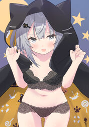  animal_hood ass_visible_through_thighs black_bra black_panties blush bra cowboy_shot female grey_eyes grey_hair groin hair_ornament hairclip halloween halloween_costume hood i-201_(kancolle) kantai_collection long_hair looking_at_viewer navel open_mouth panties sanninme_no_haru solo underwear 