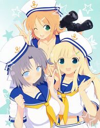  3girls :d ;d absurdres anchor_symbol bikini binoculars blonde_hair blue_eyes blush bow breasts cleavage collarbone commentary_request green_eyes grey_hair hair_between_eyes hair_ornament hairbow hairclip hanabi_(senran_kagura) hat highres large_breasts long_hair looking_at_viewer multiple_girls navel official_art one_eye_closed open_mouth orange_hair sailor sailor_collar sailor_hat school_uniform senran_kagura serafuku short_hair smile striped_bikini striped_clothes swimsuit v yaegashi_nan yomi_(senran_kagura) yumi_(senran_kagura) 