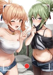  2girls ;d absurdres alternate_costume bare_shoulders black_choker black_mask black_shirt blonde_hair blue_shorts bra_strap breasts brown_legwear casual choker collarbone cowboy_shot crop_top crop_top_overhang denim denim_shorts genshin_impact green_hair hand_up highres kuki_shinobu mask mask_around_neck mask_pull medium_breasts micro_shorts midriff mouth_mask multiple_girls navel off-shoulder_shirt off_shoulder one_eye_closed open_fly open_mouth pantyhose ponytail purple_eyes shengtian shirt short_shorts shorts smile standing stomach thighs v viewfinder white_shirt yellow_eyes yoimiya_(genshin_impact) 