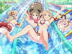  5girls ahoge ass bell bikini black_hair blonde_hair blue_eyes blush breasts brown_eyes brown_hair bun_cover cleavage collarbone day double_bun frills grin hachimaki hair_between_eyes hair_bun hair_ornament hairclip hanabi_(senran_kagura) headband highres innertube kafuru_(senran_kagura) kagura_(senran_kagura) large_breasts lens_flare light_green_hair long_hair looking_at_viewer low_twintails medium_breasts midriff multiple_girls naraku_(senran_kagura) navel official_art one-piece_swimsuit open_mouth orange_hair palm_tree pool purple_eyes renka_(senran_kagura) ribbon senran_kagura senran_kagura_new_link short_hair smile splashing swim_ring swimsuit tree twintails waifu2x water water_slide white_one-piece_swimsuit yaegashi_nan 