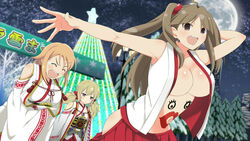  3girls :d ahoge armpits bare_shoulders blonde_hair blush breasts brown_eyes brown_hair building christmas city cleavage collarbone double_bun drawn_on_eyes earrings full_moon hair_between_eyes hair_bun hair_ornament hairclip hakama hakama_skirt hanabi_(senran_kagura) highres japanese_clothes jewelry kafuru_(senran_kagura) lamppost large_breasts laughing long_hair long_sleeves low_twintails medium_breasts miko moon multiple_girls navel night night_sky official_art open_mouth outdoors purple_eyes red_hakama renka_(senran_kagura) ribbon senran_kagura senran_kagura_estival_versus short_hair skirt sky skyscraper smile star_(sky) starry_sky tears tree twintails wide_sleeves yaegashi_nan 