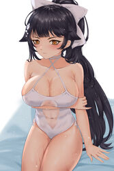  absurdres azur_lane black_hair bow breasts casual_one-piece_swimsuit choker cleavage clothing_cutout criss-cross_halter extra_ears female flower hair_flower hair_ornament halterneck highres ichikushi_mojibake large_breasts long_hair navel_cutout official_alternate_costume one-piece_swimsuit orange_eyes ponytail see-through sitting solo swimsuit takao_(azur_lane) takao_(beach_rhapsody)_(azur_lane) very_long_hair wet white_bow white_choker white_one-piece_swimsuit 