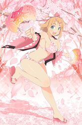  :d absurdres bad_link bikini blush breasts cherry_blossoms female flower frilled_bikini frills green_eyes hachimaki hair_between_eyes hair_flower hair_ornament hairclip hanabi_(senran_kagura) hand_fan headband highres holding holding_fan japanese_clothes kimono large_breasts looking_at_viewer official_art open_mouth petals sandals senran_kagura senran_kagura_new_wave short_hair smile solo swimsuit yaegashi_nan 