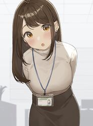  arms_behind_back black_skirt blush breasts brown_hair ceiling commentary cowboy_shot earrings female grey_shirt highres id_card indoors jewelry lanyard leaning_forward long_hair looking_at_viewer medium_breasts office_lady ol-chan_(ol_mahonanoka) ol_mahonanoka open_mouth original shirt shirt_tucked_in skirt solo straight_hair swept_bangs tile_ceiling tiles turtleneck window_blinds yellow_eyes 