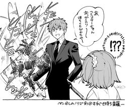  !? 1boy afterimage fate/grand_order fate_(series) female formal fujimaru_ritsuka_(female) gloves greyscale hand_in_pocket katana monochrome motion_lines necktie saitou_hajime_(fate) samosuke side_ponytail signature spinning suit sword weapon 