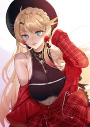  absurdres armpits azur_lane bare_shoulders black_hat black_tank_top blonde_hair blue_eyes blush braid breasts colored_tips commentary crop_top dress earrings female flower_earrings hair_behind_ear hair_ornament hairclip hand_in_own_hair hand_on_headwear hat highres howe_(azur_lane) howe_(noble_rouge)_(azur_lane) jewelry large_breasts leaf long_hair looking_at_viewer multicolored_hair navel necklace official_alternate_costume open_mouth plaid plaid_dress red_dress red_skirt sankyo_(821-scoville) skirt smile solo tank_top white_background 