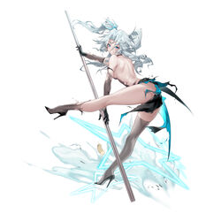  absurdres artist_self-insert ass back bare_shoulders black_footwear black_gloves blue_eyes breasts elbow_gloves female from_behind full_body girls&#039;_frontline gloves hair_between_eyes hair_ornament high_heels highres holding holding_pole legs looking_at_viewer looking_back medium_breasts official_alternate_costume official_art pa-15_(girls&#039;_frontline) pole pole_dancing shanyao_jiang_tororo simple_background smile solo standing thighhighs thighs torn_clothes white_background 