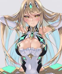  bad_anatomy bare_shoulders blonde_hair breasts chest_jewel cleavage cleavage_cutout clothing_cutout dress earrings elbow_gloves female gloves inoue_takuya_(tactactak) jewelry large_breasts long_hair mythra_(xenoblade) swept_bangs tiara very_long_hair white_dress white_gloves xenoblade_chronicles_(series) xenoblade_chronicles_2 yellow_eyes 