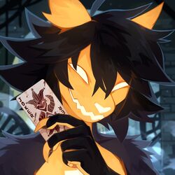  1:1 absurd_res ambiguous_gender anthro black_body black_fur black_hair blurred_background bust_portrait card claws corzh77 empty_eyes finger_claws front_view fur hair hi_res holding_card messy_hair narrowed_eyes nude nude_ambiguous nude_anthro open_mouth orange_body orange_claws orange_fur portrait smile solo species_request unsigned 