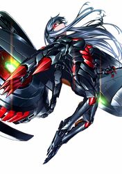  armor asymmetrical_arms blew_andwhite female floating_hair flying frown gakuen_taisen_valkyries glowing glowing_eye grey_hair highres jetpack long_hair looking_up open_hand power_armor sabra_greengold science_fiction simple_background solo very_long_hair white_background 