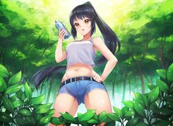  absurdres belt black_hair blustar_sky bottle breasts brown_eyes cowboy_shot crop_top dew_drop english_commentary female forest from_below hand_on_own_hip highres holding holding_bottle legs_apart long_hair looking_at_viewer medium_breasts midriff nature navel original outdoors parted_lips ponytail short_shorts shorts solo tank_top very_long_hair water_bottle water_drop 