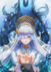  absurdres anastasia_(fate) daffylove-0624 dress fate/grand_order fate_(series) green_eyes hair_ornament highres holding_hands long_hair looking_at_viewer veil viy_(fate) white_dress white_hair 