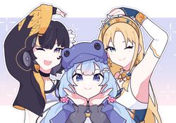  3girls amami_ami android armpits black_hair blonde_hair blue_eyes blue_hair choker earrings frog_girl frog_hat gradient_eyes heart highres hyuni_(hyunicat) jewelry low_twintails multicolored_eyes multicolored_hair multiple_girls one_eye_closed prism_project purple_eyes rainbow_hair_ornament see-through shikami_lana streaked_hair tiara tsubame_kou twintails virtual_youtuber 