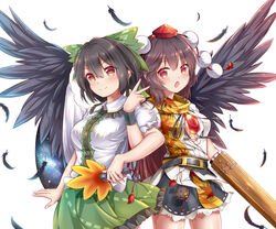  2girls absurdres arm_cannon armband bird_wings black_hair black_ribbon black_skirt black_wings blush bow breasts brown_eyes brown_hair buttons cape center_frills charm_(object) chinese_commentary collared_shirt commentary_request control_rod cosplay costume_switch feathered_wings feathers feng_ling_(fenglingwulukong) frilled_shirt_collar frilled_skirt frills green_bow green_skirt hair_between_eyes hairbow hat hauchiwa highres leaf_print long_hair miniskirt multiple_girls neck_ribbon open_mouth pom_pom_(clothes) puffy_short_sleeves puffy_sleeves reiuji_utsuho reiuji_utsuho_(bird) reiuji_utsuho_(cosplay) ribbon shameimaru_aya shameimaru_aya_(cosplay) shirt short_hair short_sleeves sidelocks skirt smile starry_sky_print third_eye tokin_hat touhou v weapon white_background white_cape white_shirt wings 