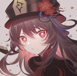  brown_coat brown_hair brown_hat closed_mouth coat collared_coat commentary_request female flower flower-shaped_pupils genshin_impact grey_background hair_between_eyes hat hat_flower highres hu_tao_(genshin_impact) joannne long_hair looking_at_viewer plum_blossoms porkpie_hat portrait red_eyes simple_background solo symbol-shaped_pupils twitter_username 