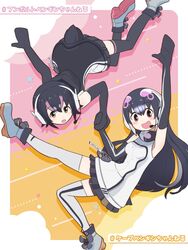  2girls african_penguin_(kemono_friends) alt_text animal_costume black_eyes black_hair colored_shoe_soles commentary_request da_(bobafett) gloves headphones highres humboldt_penguin_(kemono_friends) kemono_friends kemono_friends_v_project long_hair looking_at_viewer multicolored_hair multiple_girls open_mouth penguin_costume penguin_tail shirt shoes short_hair simple_background skirt smile tail virtual_youtuber 