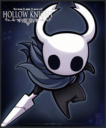  2018 ambiguous_gender black_eyes cape clothing empty_eyes english_text featureless_feet featureless_hands feet hollow_knight horn melee_weapon mouthless nail_(weapon) signature solo sword team_cherry text the_knight_(hollow_knight) vessel_(species) weapon woofzilla 