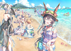  1boy 6+girls :d ^_^ amiya_(arknights) animal_ears ansel_(arknights) ansel_(casual_vacation)_(arknights) arknights backless_outfit backless_swimsuit bad_id bad_pixiv_id bag bare_arms bare_legs bare_shoulders beach beach_umbrella bear_ears black_one-piece_swimsuit blonde_hair blue_hair blue_ribbon blue_shorts blue_sky blush boat bra_strap breasts brown_hair ch&#039;en_(arknights) closed_eyes cloud commentary_request cowboy_shot crab day dragon_horns dragon_tail dress ears_through_headwear feet_out_of_frame female_tourist_a_(arknights) female_tourist_c_(arknights) flower from_behind goggles goggles_on_headwear gummy_(arknights) gummy_(summer_flowers)_(arknights) hair_between_eyes hand_on_own_hip hat hat_flower hermit_crab highres holding_hands holding_own_tail horns ifrit_(arknights) ifrit_(sunburn)_(arknights) innertube jacket jewelry large_breasts large_tail long_hair mini_hat multiple_girls ocean off-shoulder_shirt off_shoulder official_alternate_costume one-piece_swimsuit open_mouth otoko_no_ko outdoors pink_hair pink_shirt pointy_ears ponytail pov provence_(arknights) puffy_short_sleeves puffy_sleeves purple_hair rabbit_boy rabbit_ears red_flower red_hair ribbon ring sand_castle sand_sculpture shining_(arknights) shining_(silent_night)_(arknights) shirt short_shorts short_sleeves shorts sitting sky skyfire_(arknights) skyfire_(temperature_difference)_(arknights) sleeveless sleeveless_dress smile sora_(arknights) sora_(summer_flowers)_(arknights) standing starfish sun_hat swim_ring swimsuit tail thigh_strap thighs twintails umbrella very_long_hair vigna_(arknights) vigna_(casual_vacation)_(arknights) water watercraft white_dress white_hair white_jacket wolf_ears wolf_tail yuuki_higumo 