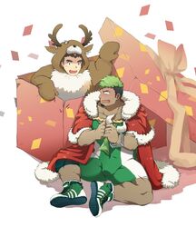  2boys animal_costume animal_ears antlers bara black_hair blush box bulge cape christmas confetti covered_navel cow_horns dark-skinned_male dark_skin facial_hair fake_animal_ears full_body fur-trimmed_cape fur_trim gift gift_box goatee green_hair horns ikusaba_daisuke kqq8 looking_at_another male_focus mask multicolored_hair multiple_boys muscular muscular_male navel open_box oversized_object protagonist_3_(housamo) red_cape reindeer_antlers reindeer_costume santa_costume shoes short_hair singlet sitting sneakers spread_legs surprised taurus_mask thick_thighs thighs tokyo_afterschool_summoners two-tone_hair unworn_mask wrestling_mask wrestling_outfit 