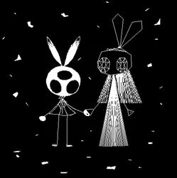  2018 3_eyes black_and_white black_background bride clothing confetti digital_media_(artwork) dress duo female groom hand_holding hollow_eyes horizon-fucker lagomorph leporid looking_at_viewer male mammal married married_couple monochrome multi_eye rabbit simple_background stick_arms stick_calves stick_legs stick_limbs stick_thighs suit thin_calves thin_legs thin_thighs vib-ribbon vibri wedding_dress white_body 