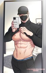  1boy abs bandaid bandaids_on_nipples bara baseball_cap black_hair black_pants black_shirt cellphone clothes_lift covered_mouth covered_nipples didrkrk full_volume groin hat highres holding holding_phone korean_commentary large_pectorals lifting_own_clothes looking_at_viewer male_focus male_underwear male_underwear_peek mask mouth_mask muscular muscular_male navel obliques pants pasties pectorals phone selfie seol_beom shirt shirt_lift short_hair smartphone solo twitter_username underwear 