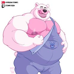  2023 anthro bear belly biceps big_belly big_muscles big_pecs clothed clothing eyebrows five_nights_at_freddy&#039;s flexing funtime_freddy_(fnafsl) fur hand_on_belly hi_res licking licking_lips licking_own_lips looking_at_viewer male mammal musclegut muscular muscular_anthro muscular_male nipples obese obese_anthro obese_male overalls overalls_only overweight overweight_anthro overweight_male patreon pecs scottgames simple_background sister_location smile solo standing stompsyeen text tongue tongue_out tuft twitch.tv url white_background 