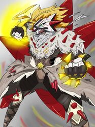  angry anthro bandai_namco clothing digimon digimon_(species) digital_itachi7 fingerless_gloves fist fur gloves green_eyes hair handwear hi_res male muscular muscular_anthro muscular_male orange_hair punch rasenmon solo spikes white_body white_fur 