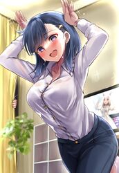  1other 2girls animal_ears arms_up blue_hair breasts curtains dark_blue_hair denim dress dress_shirt happy_meek_(umamusume) highres horse_ears horse_girl indoors jeans kiryuuin_aoi large_breasts long_hair long_sleeves medium_hair monitor multiple_girls open_mouth pants plant purple_eyes sg_(esujii) shirt shirt_tucked_in solo_focus standing standing_on_one_leg sweat umamusume umapyoi_densetsu white_dress white_hair 