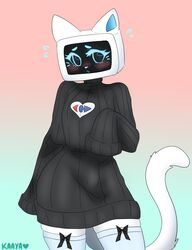  2022 absurd_res ambiguous_gender anthro anthrofied bellabot blush bow_(feature) carrefour clothing domestic_cat felid feline felis hi_res kerfus legwear logo long_sleeves mammal pudu_robotics screen screen_face signature solo thigh_highs toxicotine white_body 