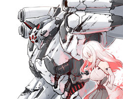  armored_core armored_core_6 ayre_(armored_core_6) bare_shoulders battle_damage breasts bullet_hole commentary_request dress elbow_gloves female gloves gradient_hair hair_between_eyes highres large_breasts long_hair maxilax mecha multicolored_hair personification pink_dress pink_hair red_eyes red_hair robot science_fiction sideboob simple_background sol_644 sweatdrop thrusters white_background white_hair 