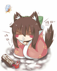  &gt;_&lt; :&lt; animal_ears arm_cannon blanket blush bow brown_hair chibi chinese_commentary chinese_text closed_eyes closed_mouth commentary_request control_rod dog_ears dog_tail female feng_ling_(fenglingwulukong) frozen green_bow hair_between_eyes hairbow long_hair reiuji_utsuho sick sidelocks snot solo tail touhou translated trembling weapon white_background 