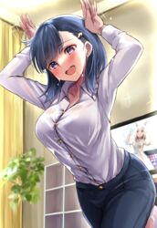  2girls animal_ears arms_up blue_hair blush breasts check_commentary commentary_request curtains dark_blue_hair denim dress dress_shirt happy_meek_(umamusume) highres horse_ears horse_girl indoors jeans kiryuuin_aoi large_breasts long_hair long_sleeves medium_hair monitor multiple_girls open_mouth pants plant purple_eyes sg_(esujii) shirt shirt_tucked_in solo_focus standing standing_on_one_leg sweat umamusume umapyoi_densetsu white_dress white_hair 