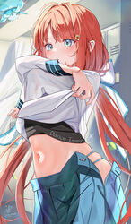  alternate_costume aqua_eyes artist_name belly blue_skirt blush clothes_lift commentary_request female fungi_(genshin_impact) genshin_impact hair_ornament highres kabu_usagi locker locker_room long_hair long_sleeves navel nilou_(genshin_impact) pleated_skirt red_hair school_uniform skirt solo_focus stomach twintails undressing 