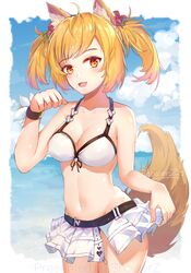  :d ahoge animal_ears arknights artist_name bad_id bad_pixiv_id bare_arms bare_shoulders bikini bikini_skirt blonde_hair blue_sky blush breasts chinese_commentary cleavage cloud collarbone commentary_request cowboy_shot day female groin hand_up looking_at_viewer medium_breasts miniskirt navel oerba_yun_fang official_alternate_costume open_mouth outdoors pleated_skirt short_hair showerz signature skirt sky smile solo sora_(arknights) sora_(summer_flowers)_(arknights) standing stomach swimsuit tail twintails white_bikini white_skirt wolf_ears wolf_tail wristband yellow_eyes 