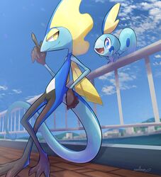  1other against_fence blue_eyes blurry building closed_mouth cloud commentary_request day fence from_below furry hand_up highres inteleon nullma open_mouth outdoors pokemon pokemon_(creature) protected_link signature sky smile sobble standing tongue yellow_eyes 