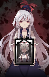  blue_dress blue_hat blurry blurry_background breasts cleavage closed_mouth collarbone dress e.o. empty_eyes expressionless faceless faceless_female female fujiwara_no_mokou grey_hair hat highres holding holding_portrait iei irony kamishirasawa_keine long_hair picture_frame portrait_(object) red_eyes short_sleeves sidelocks solo splatter_background straight-on tokin_hat touhou very_long_hair 