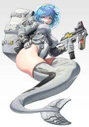  backpack bag blue_eyes blue_hair box breasts bubble clothes_writing commentary covered_nipples diving_suit female full_body glass gloves gradient_background grey_background grey_gloves grey_one-piece_swimsuit gun hand_on_own_hip helmet highres holding holding_gun holding_weapon ihobus large_breasts long_sleeves looking_away mermaid mermaid_costume monster_girl one-piece_swimsuit open_mouth original partially_submerged short_hair skindentation solo springsuit swimsuit teeth trigger_discipline tube upper_teeth_only water weapon 