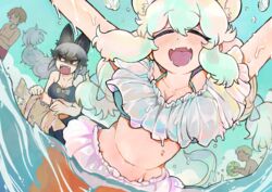  2boys 2girls absurdres alternate_costume alternate_hairstyle angry animal_ears arms_up bad_id bad_pixiv_id bikini black_hair blush bow breasts brown_hair cleavage closed_eyes commentary_request day extra_ears fangs fisheye fox_ears grey_hair hairbow highres holding igarashi_(nogiheta) kemono_friends kemono_friends_3 lion_ears lion_tail long_hair looking_at_another low-tied_long_hair male_swimwear multicolored_hair multiple_boys multiple_girls navel nose_blush open_mouth outdoors outstretched_arms red_eyes shaded_face sharp_teeth short_hair sidelocks silver_fox_(kemono_friends) smile splashing stomach swim_trunks swimsuit tail teeth triangle_mouth twintails two-tone_hair water wet wet_clothes wet_swimsuit white_hair white_lion_(kemono_friends) 