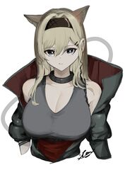  absurdres animal_ears arknights bare_shoulders black_eyes black_hairband blonde_hair breasts bright_pupils cleavage collar collarbone cropped_torso earpiece extra_ears female grey_shirt hair_between_eyes hairband highres horn_(arknights) kajuu large_breasts long_hair long_sleeves looking_at_viewer parted_lips shirt signature solo upper_body wolf_ears 