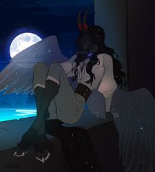  ambiguous_gender clothing demon demon_humanoid equid equine hi_res hooves horn horse humanoid looking_away mammal moon satyr sitting sky smooshkin solo translucent translucent_wings unguligrade window_sill wings 