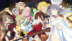  6+girls :3 :d ahoge angel_wings bare_shoulders black_ribbon blonde_hair blue_dress blue_eyes blush bow breasts brown_eyes brown_hair bun_cover cleavage clenched_teeth crown detached_collar detached_sleeves double_bun dress drumsticks dual_wielding earrings eyewear_on_head feathered_wings fighting_stance flat_chest frilled_dress frills furisode furrowed_brow glasses green_eyes grey_hair gun hachimaki hair_between_eyes hair_bun hair_ornament hairband hairclip hanabi_(senran_kagura) headband heterochromia highres holding ice japanese_clothes jewelry kafuru_(senran_kagura) kimono large_breasts long_hair low_neckline low_twintails medium_breasts medium_hair mini_crown multiple_girls necklace night official_art open_mouth orange_hair pearl_necklace purple_eyes renka_(senran_kagura) ribbon rifle ryoubi_(senran_kagura) ryouna_(senran_kagura) senran_kagura senran_kagura_estival_versus shirt short_hair skirt smile striped tank_top teeth thighhighs tiara tree twintails water_gun weapon whistle white_bow white_shirt wings wrinkled_skin yaegashi_nan yumi_(senran_kagura) 