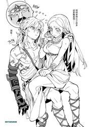  1boy archaic_set_(zelda) arm_tattoo artist_name bare_shoulders blush breasts closed_mouth collarbone comparison dress dual_wielding feet_out_of_frame female greyscale hand_on_another&#039;s_shoulder holding jewelry large_breasts link long_hair looking_at_another monochrome necklace on_lap pointy_ears princess_zelda rope shoulder_tattoo simple_background sitting sweat tattoo the_legend_of_zelda the_legend_of_zelda:_breath_of_the_wild the_legend_of_zelda:_tears_of_the_kingdom thought_bubble translation_request white_background yinghuo 